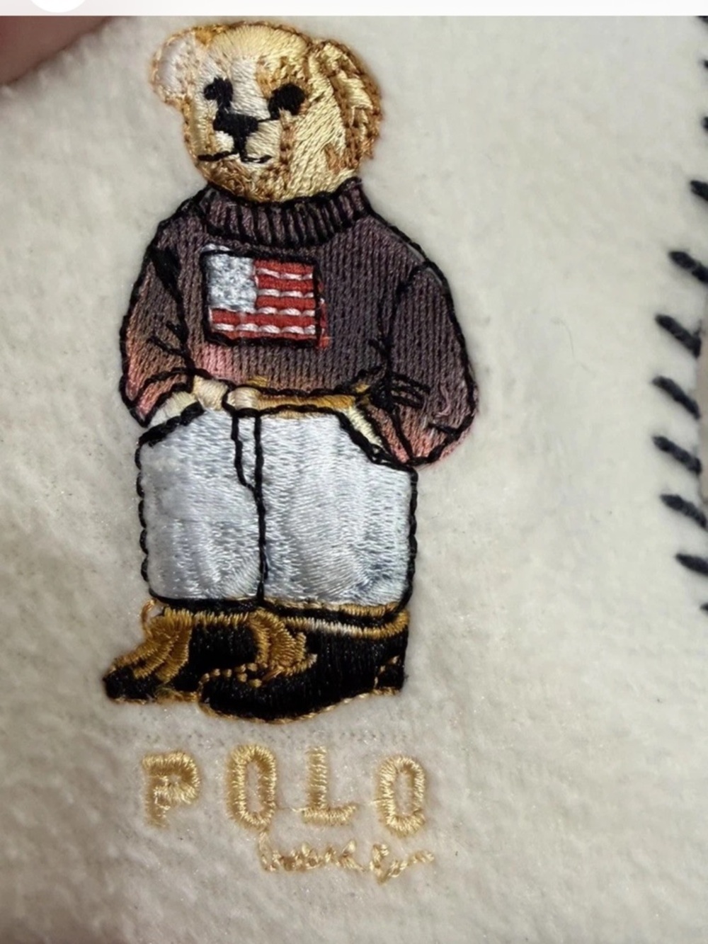 Ralph Lauren Fleece Throw Blanket Polo Bear Whipstitch Vintage Y2K Cream 52x70